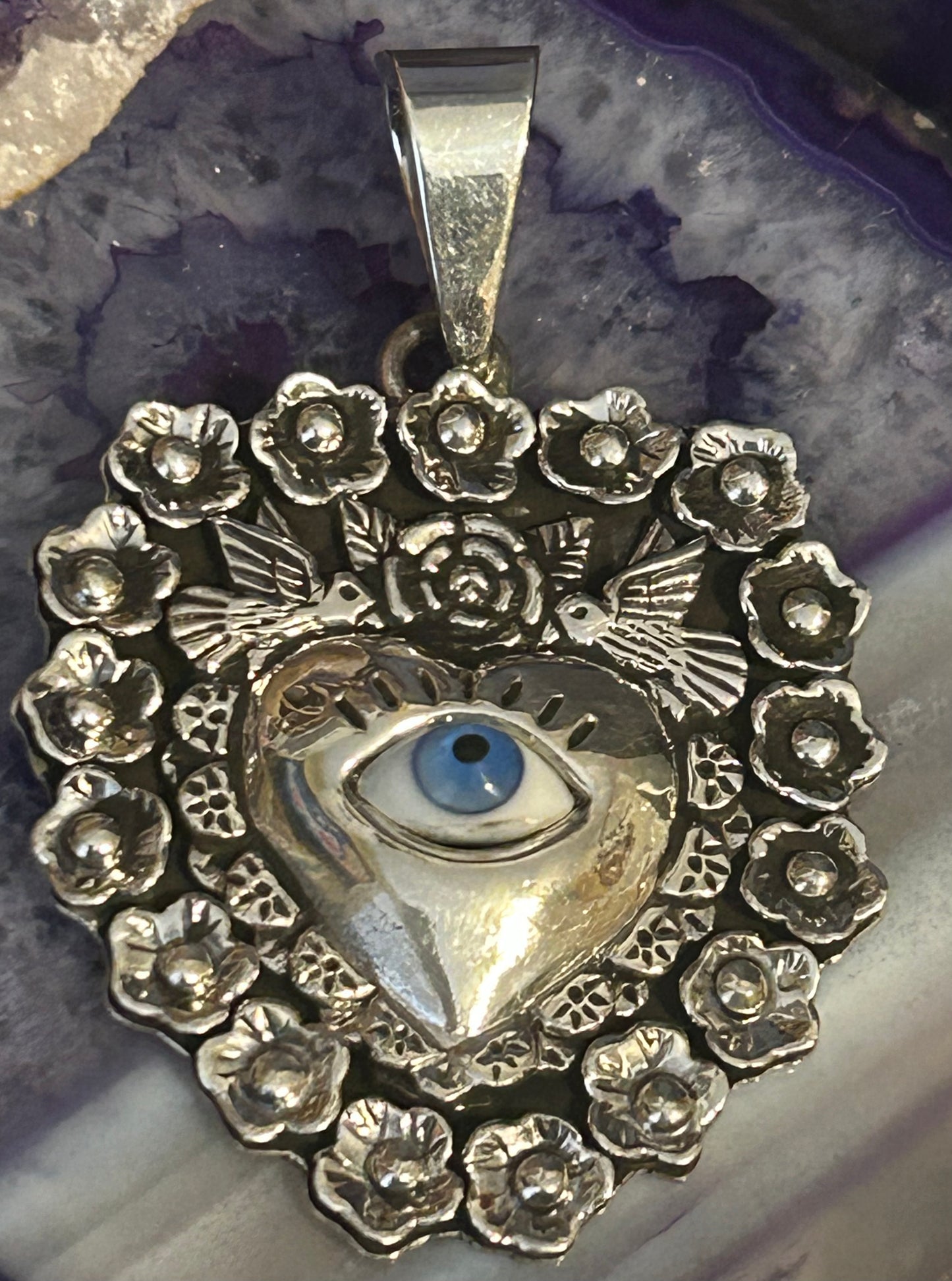 Sterling Silver Taxco Mexico Seeing Eye Heart W/ Rose And Birds Large Pendant