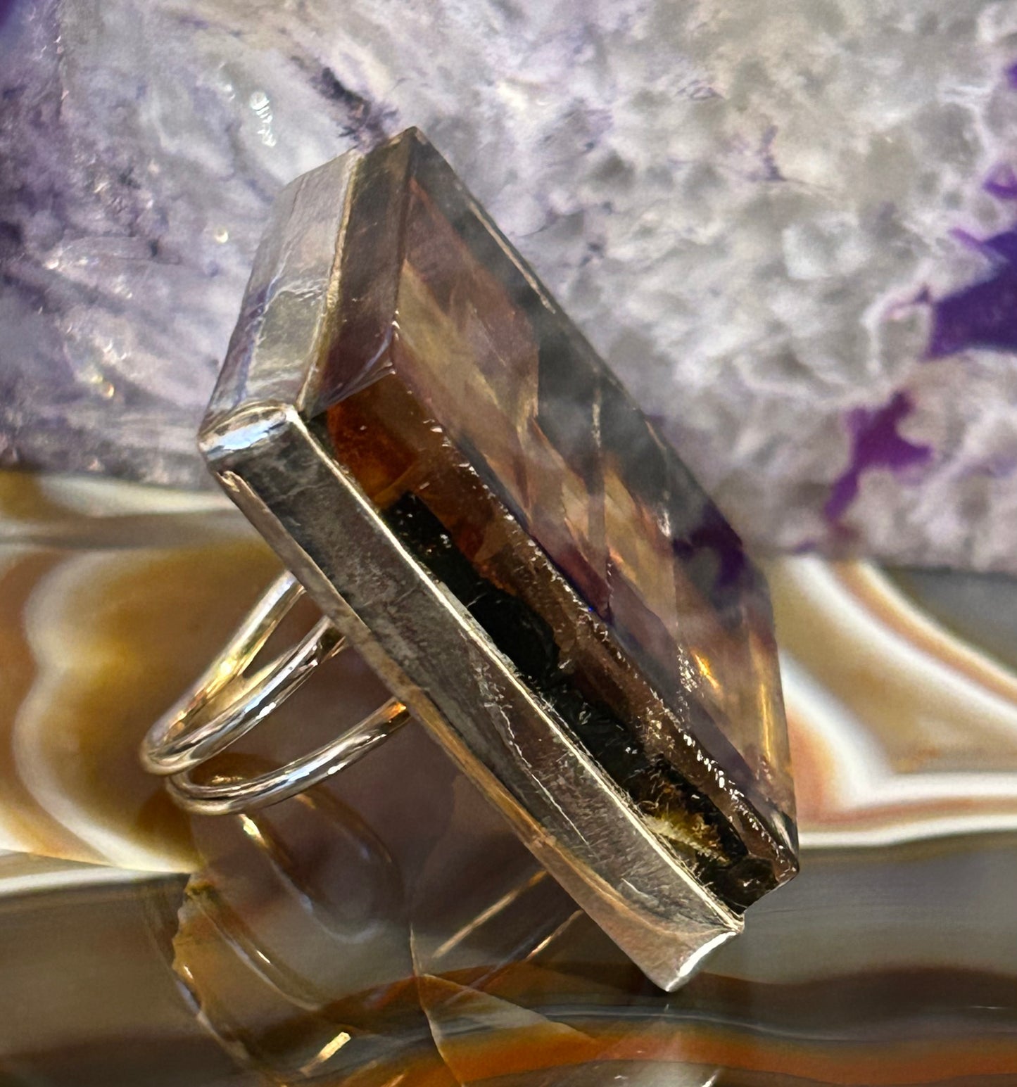 Sterling Silver & Genuine Amber Square Statement Ring • Adjustable