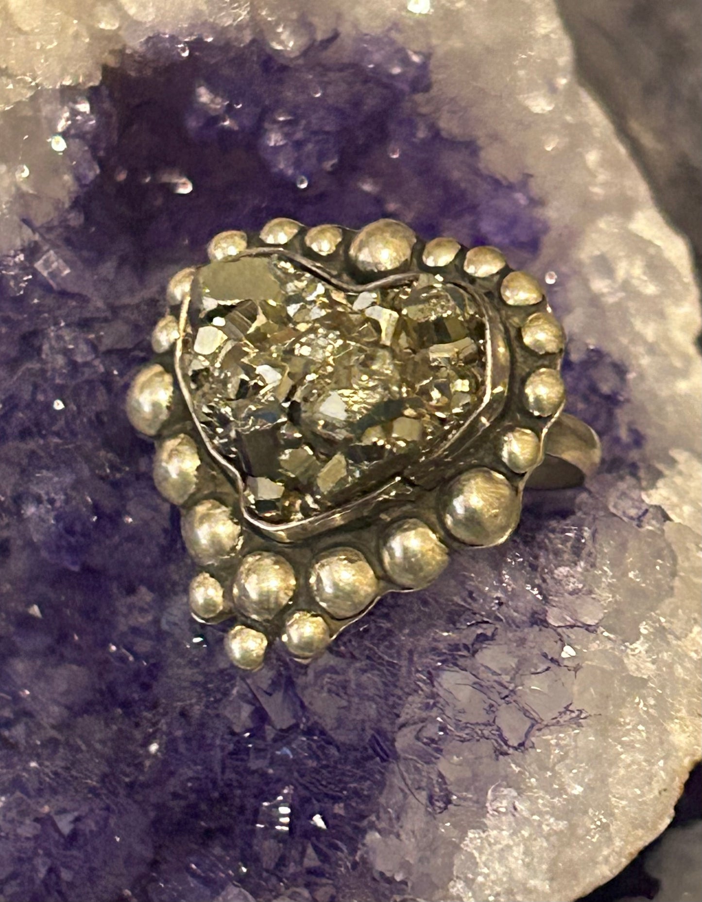 Sterling Silver Modern Taxco Mexico Pyrite Heart w/ Balls Adjustable Ring