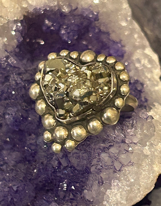 Sterling Silver Modern Taxco Mexico Pyrite Heart w/ Balls Adjustable Ring