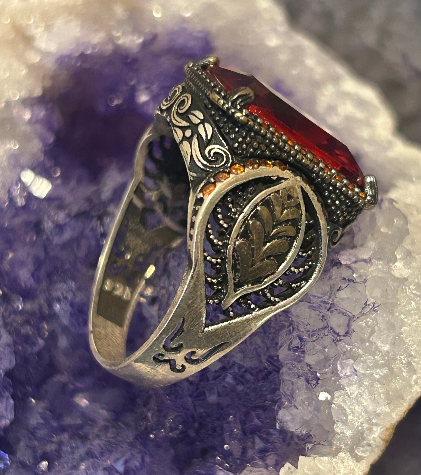 Sterling Silver Chunky Signet Style Vibrant Red Stone Turkish Ring Size 11.5