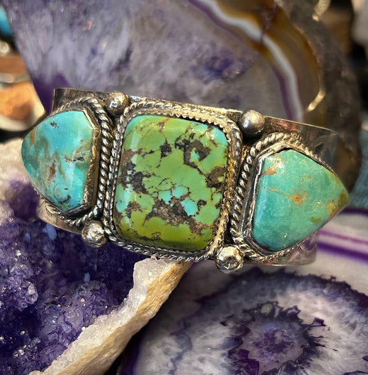 Vintage Sterling Silver Triple Stone Turquoise Statement Cuff Bracelet