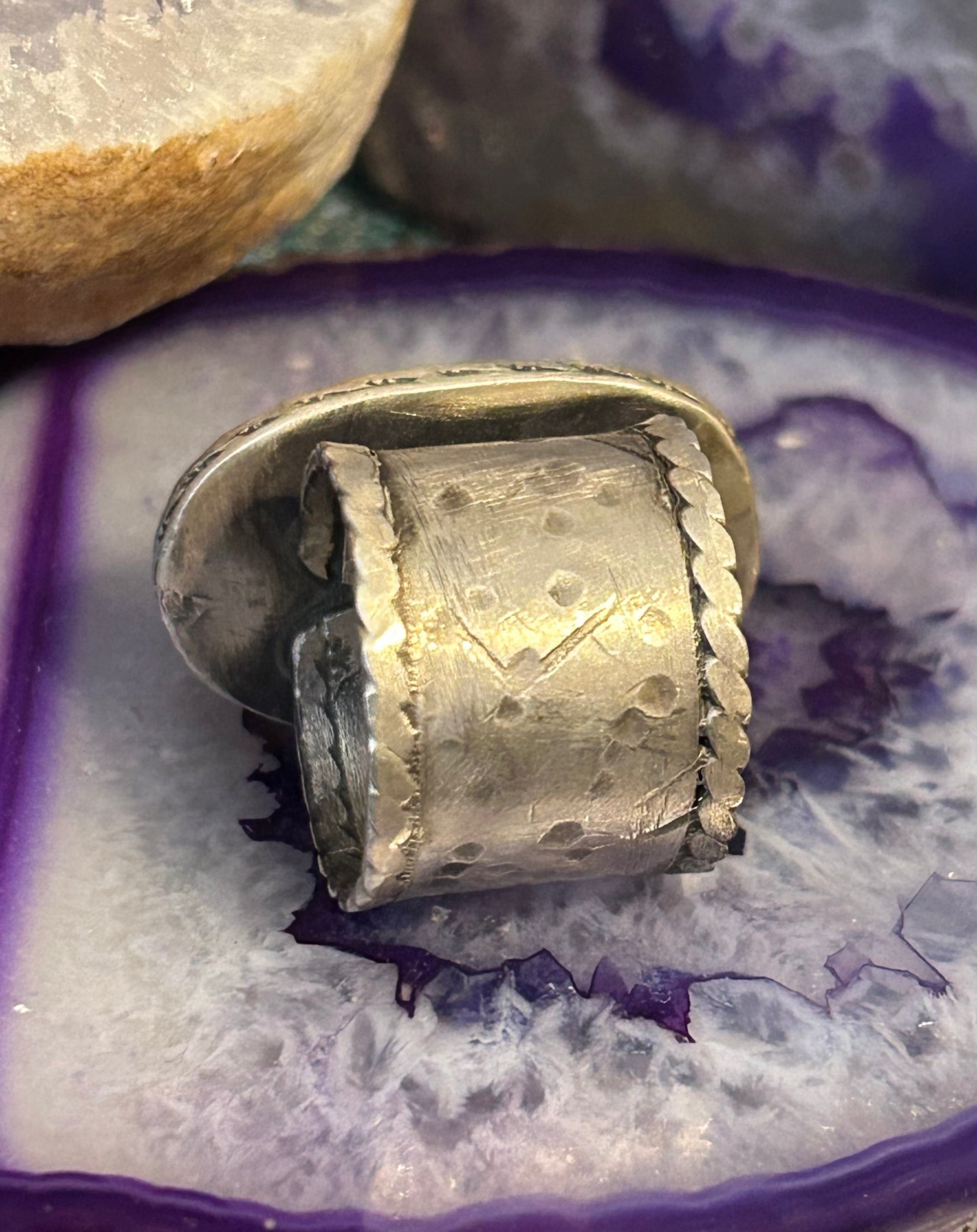 GUZ LOVE NO.103 • Sterling Silver & Blackjack Turquoise Wide Banded Ring • Size 7