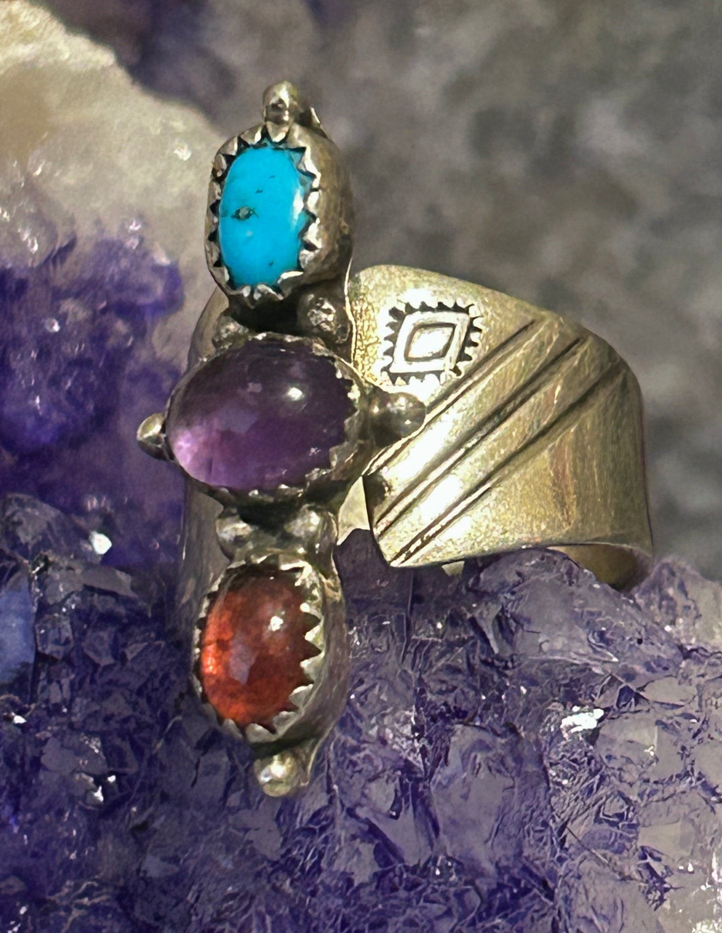 Sterling Silver Southwestern Multi-stone Turquoise, Amethyst Bypass Ring