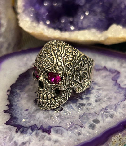 Sterling Silver Sugar Skull With Ruby Eyes Large Skull Ring Size 9