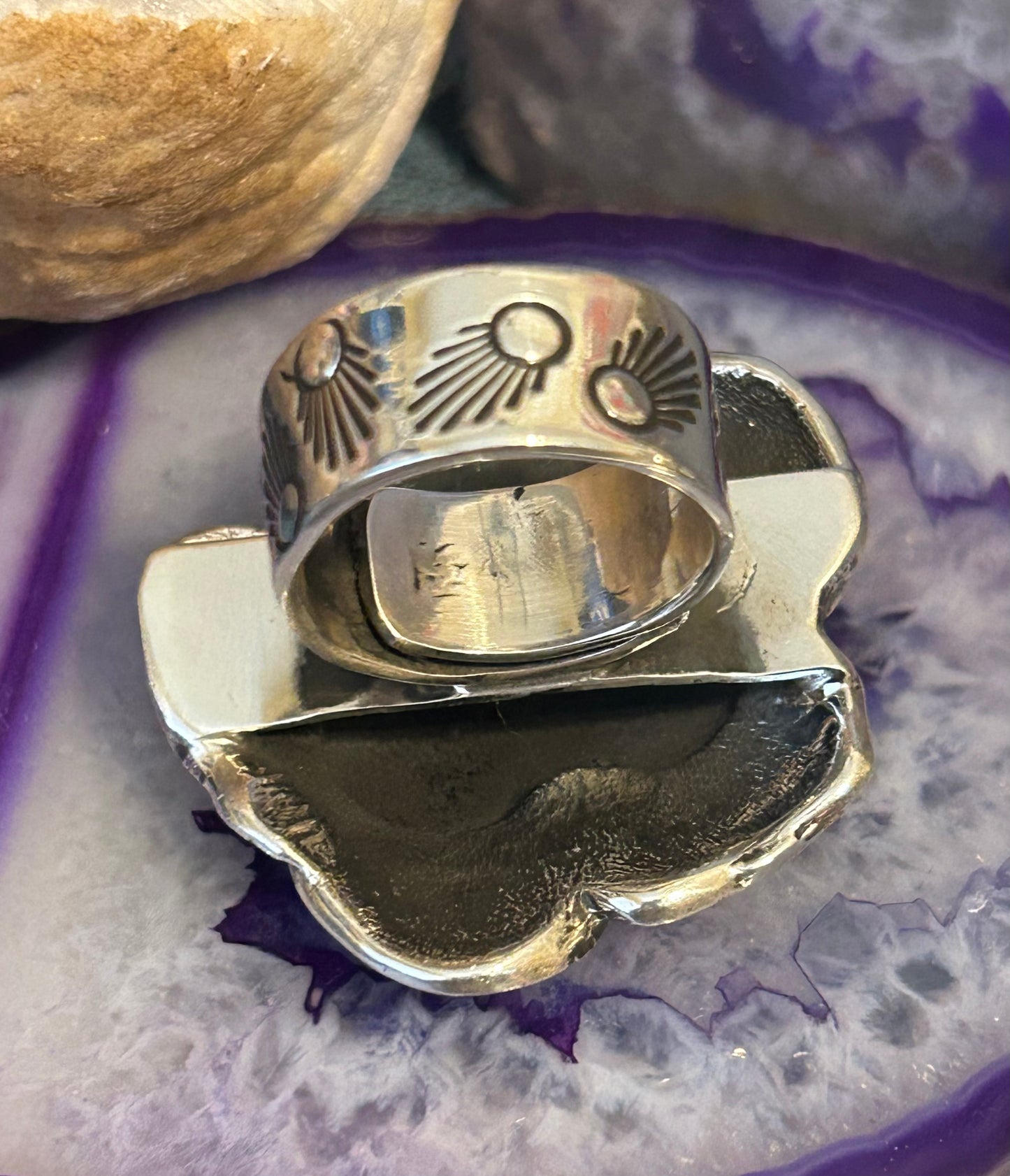 Sterling Silver Taxco Mexico Rose & Zircon Heart Gem Statement Adjustable Ring