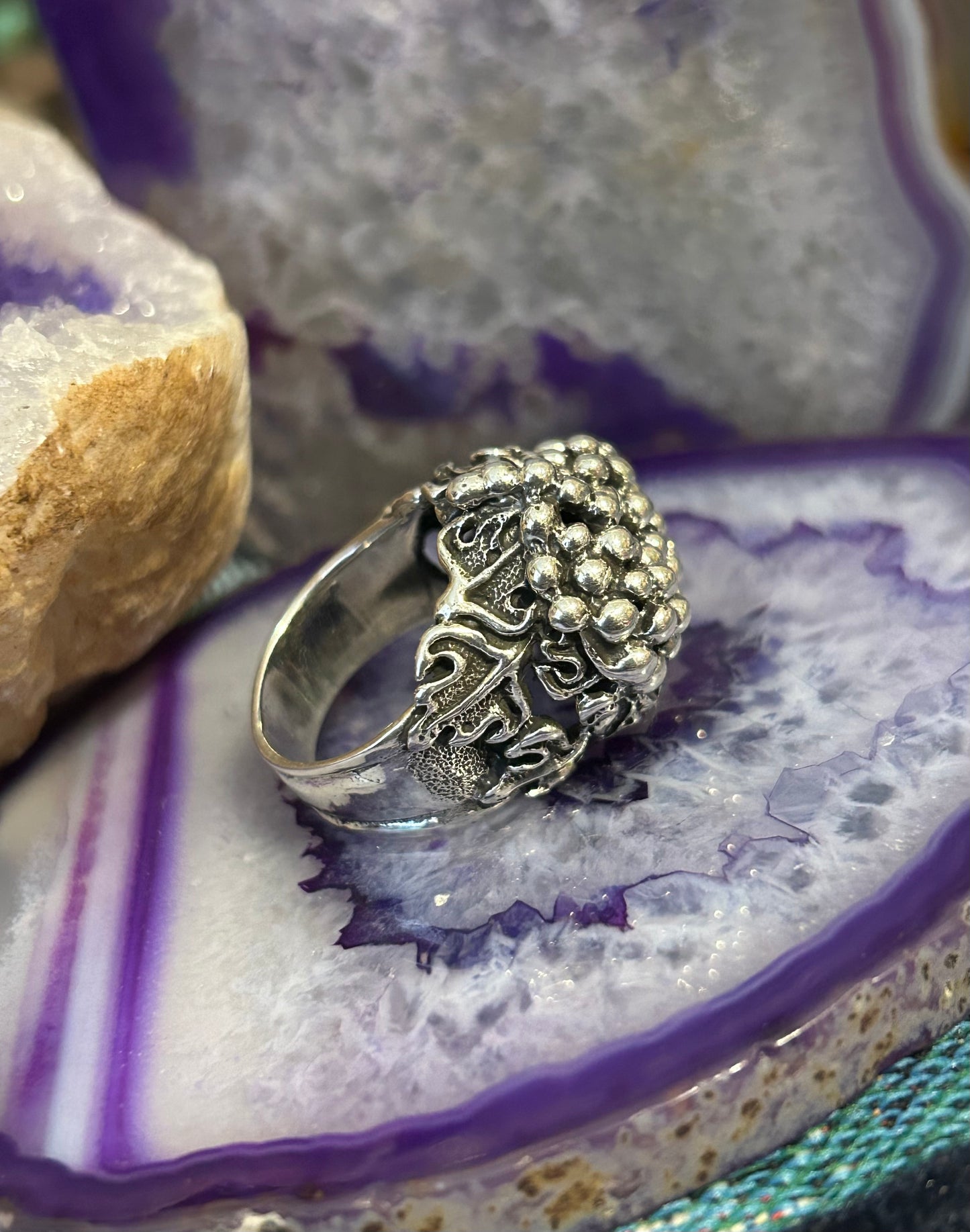 Sterling Silver Modern Taxco Mexico Grapes & Leaf Ring Size 8.25