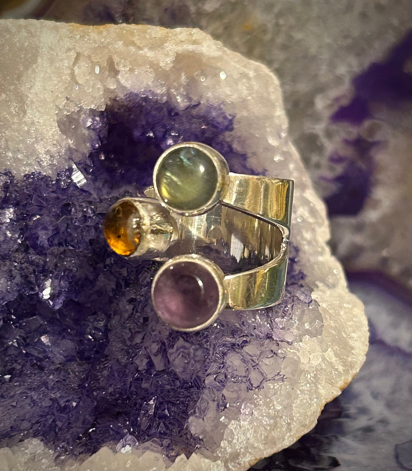 Sterling Silver Made In Taxco Mexico Bypass Ring w/ Amber, Amethyst, and labradorite stones • Size 7-8