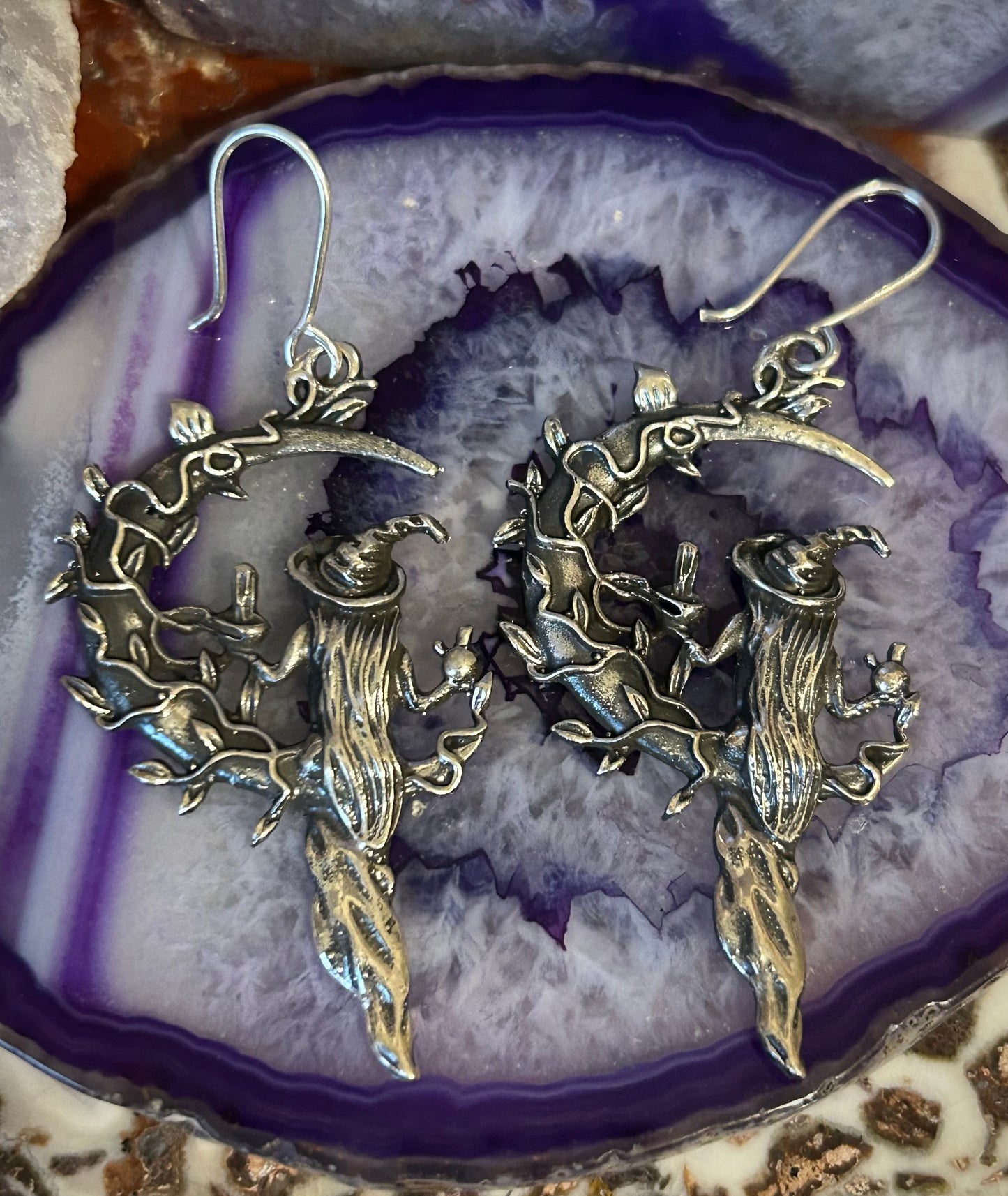Sterling Silver Modern Taxco Mexico Large Witchy Moon Nature Dangle Earrings
