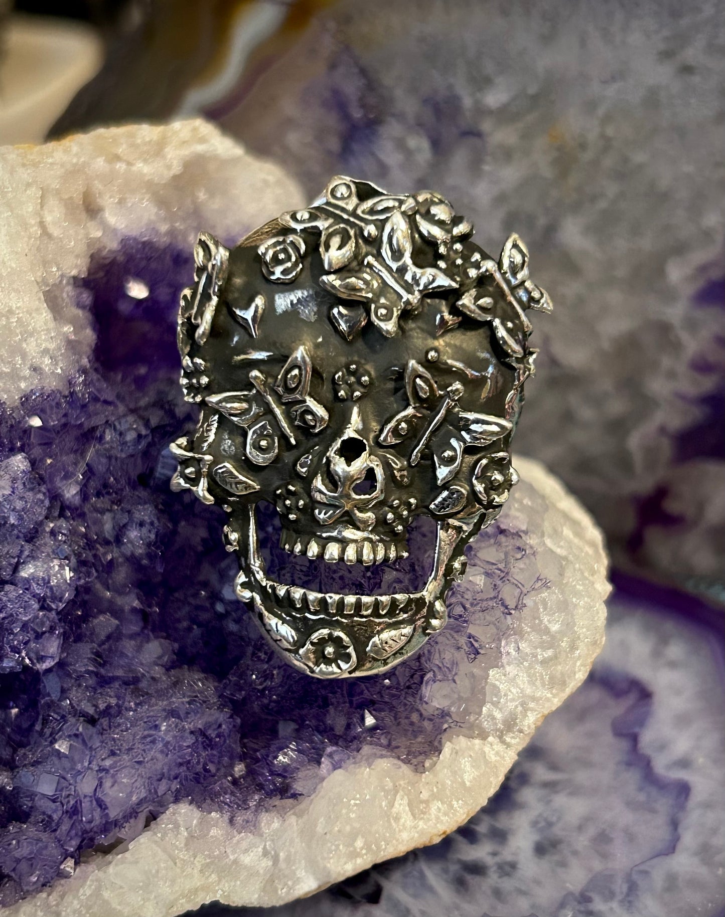 Sterling Silver Modern Taxco Mexico Dia De Los Muertos Skull W/ Butterflies Ring