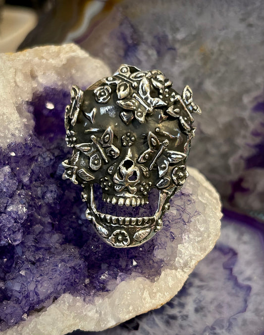 Sterling Silver Modern Taxco Mexico Dia De Los Muertos Skull W/ Butterflies Ring