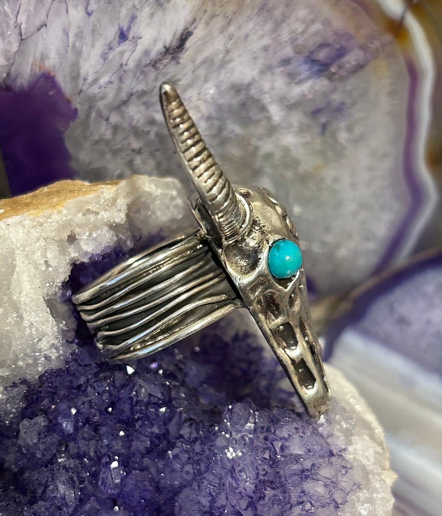 Sterling Silver Taxco Bull Skull Ring With Turquoise Size 9