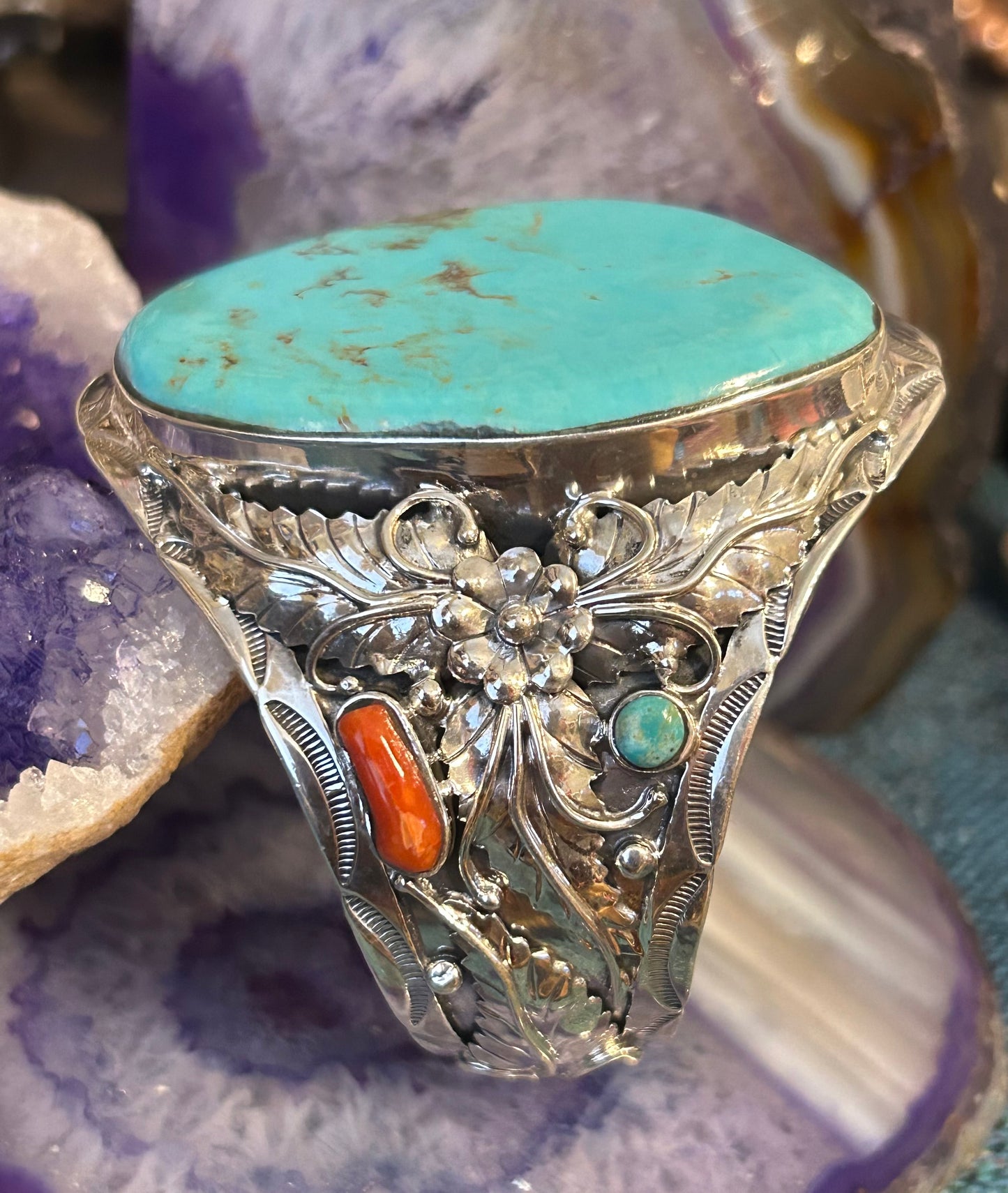 Sterling Silver Southwestern Large Turquoise & Coral Statement Cuff Bracelet