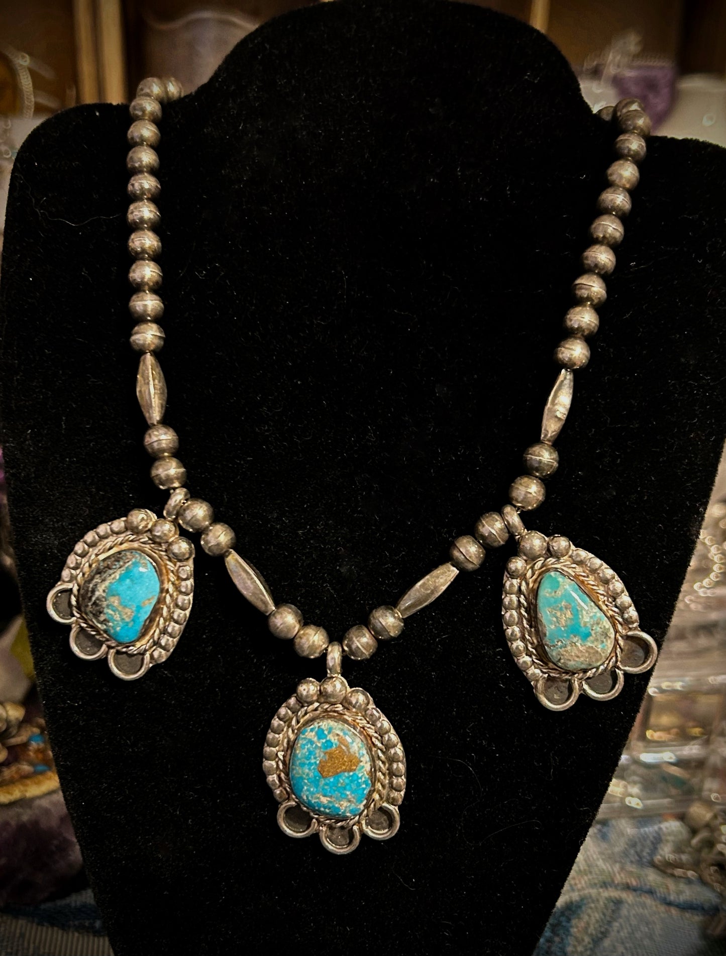 Sterling Silver Vintage Native American Turquoise and Bench Bead Choker Necklace