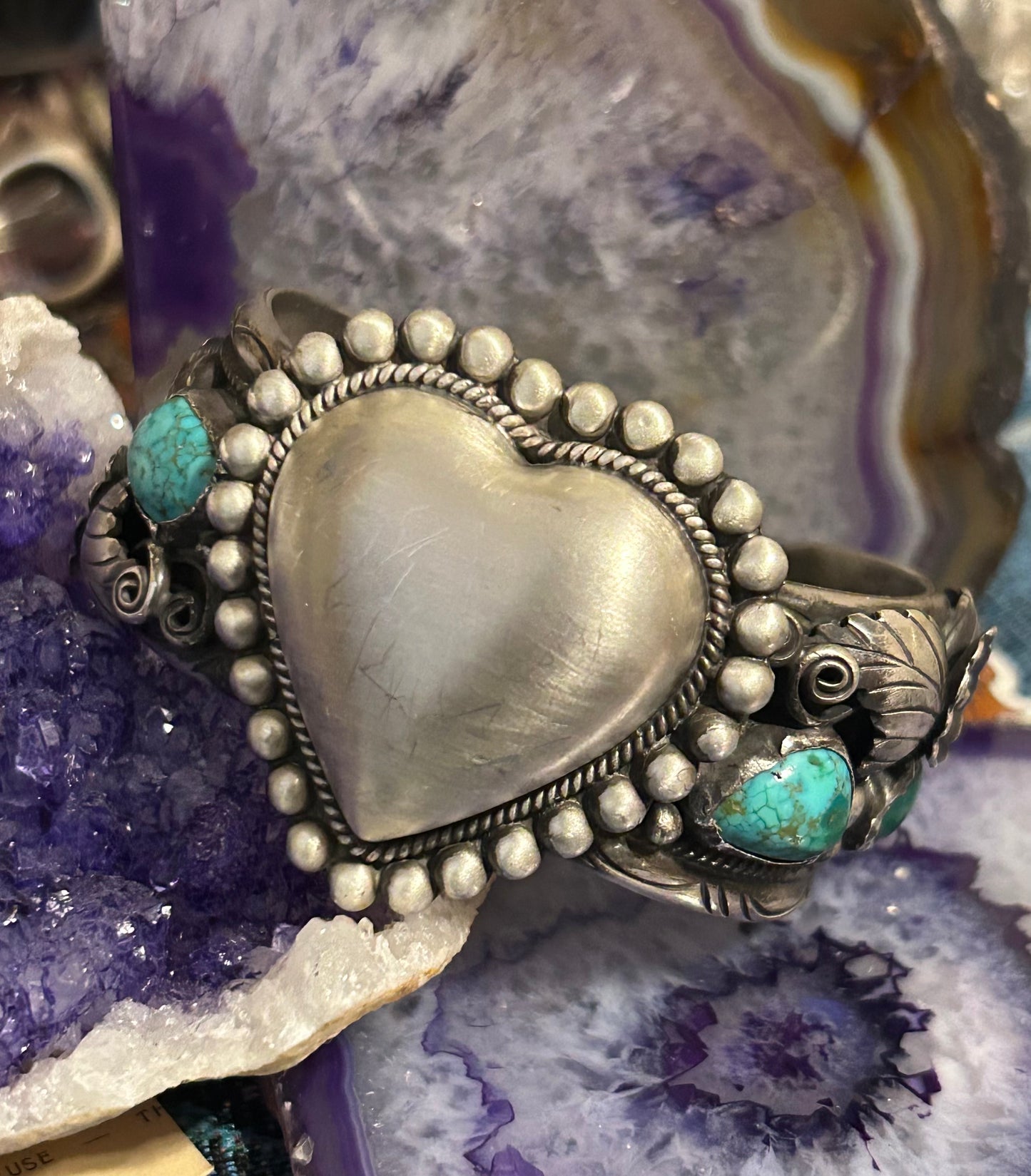 GuzFurbished Sterling Silver Heart & Turquoise Cuff Bracelet
