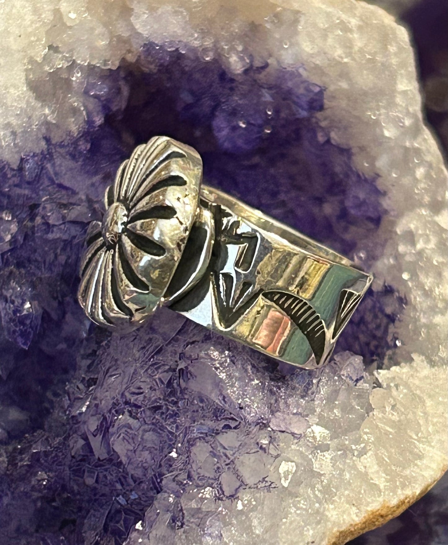 Sterling Silver Modern Taxco Mexico Flower Concho Adjustable Ring