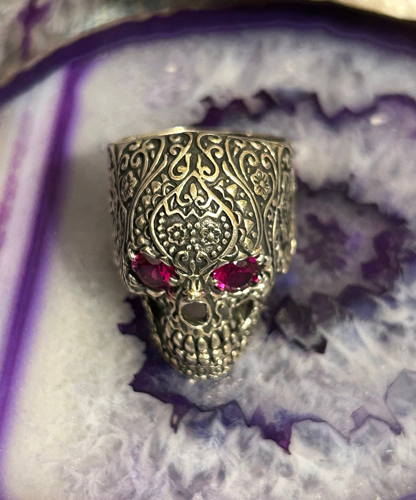 Sterling Silver Sugar Skull With Ruby Eyes Large Skull Ring Size 9