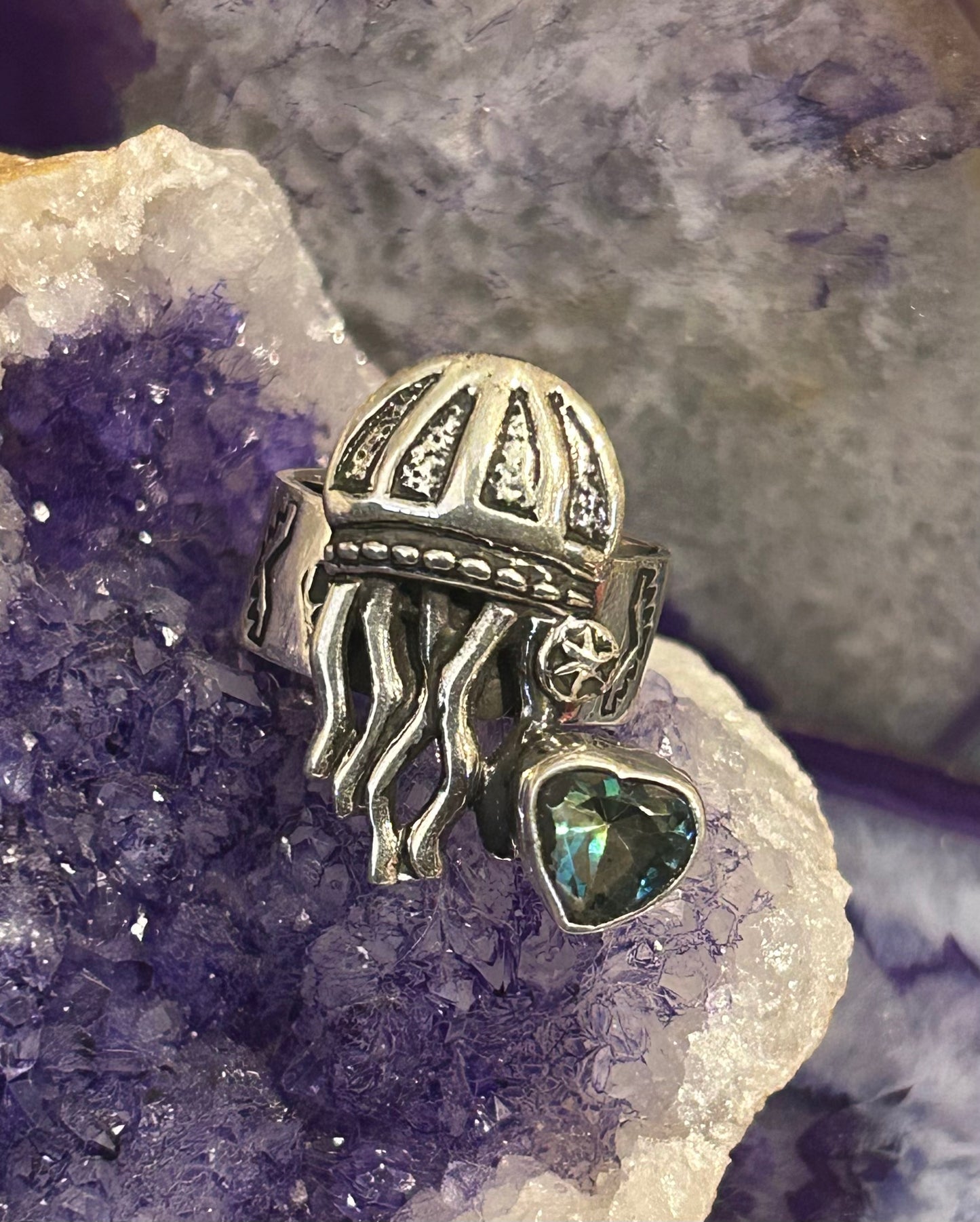 Sterling Silver Modern Taxco Mexico Jellyfish & Zircon Heart Ring Adjustable