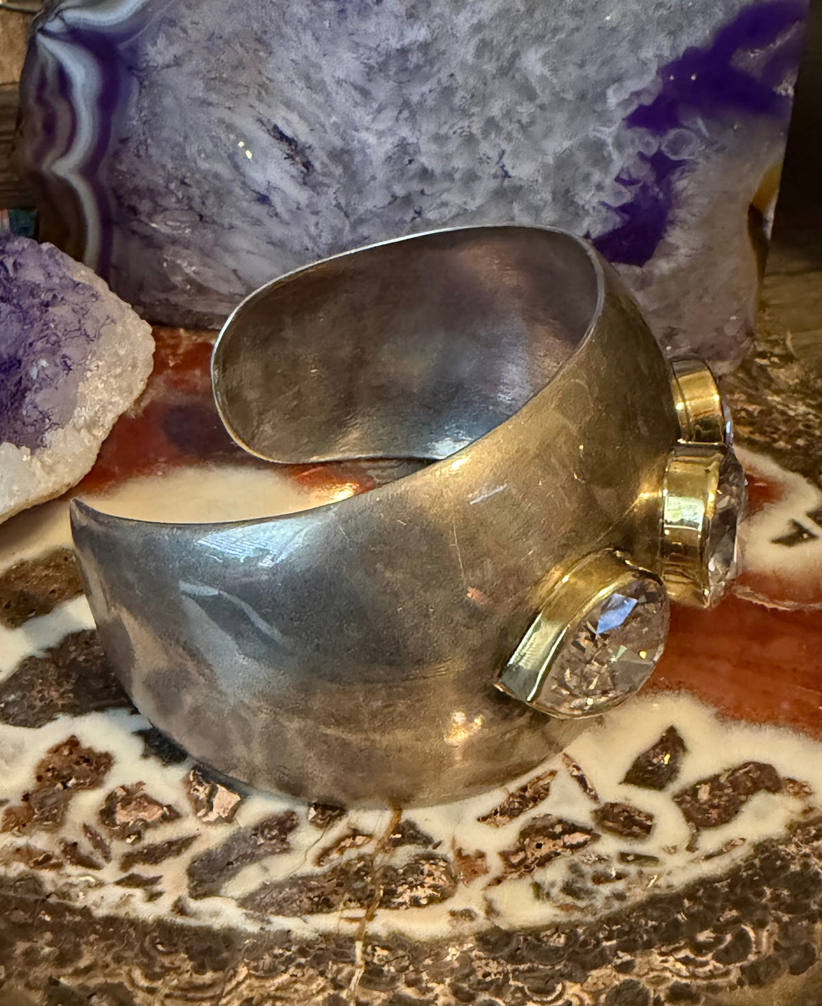 Vintage Sterling Silver Wide Modernist Cuff Bracelet W/ Clear CZ Stones