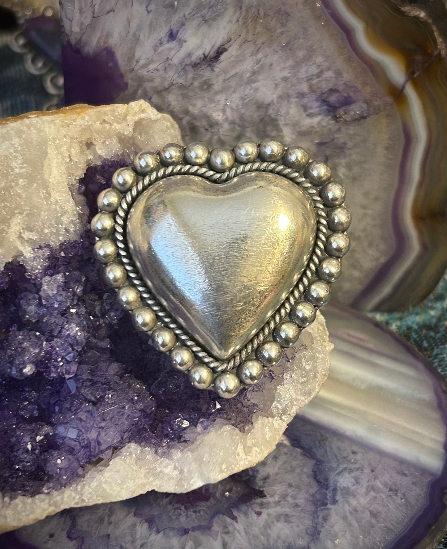 GuzFurbished Sterling Silver Large Statement Heart Adjustable Ring