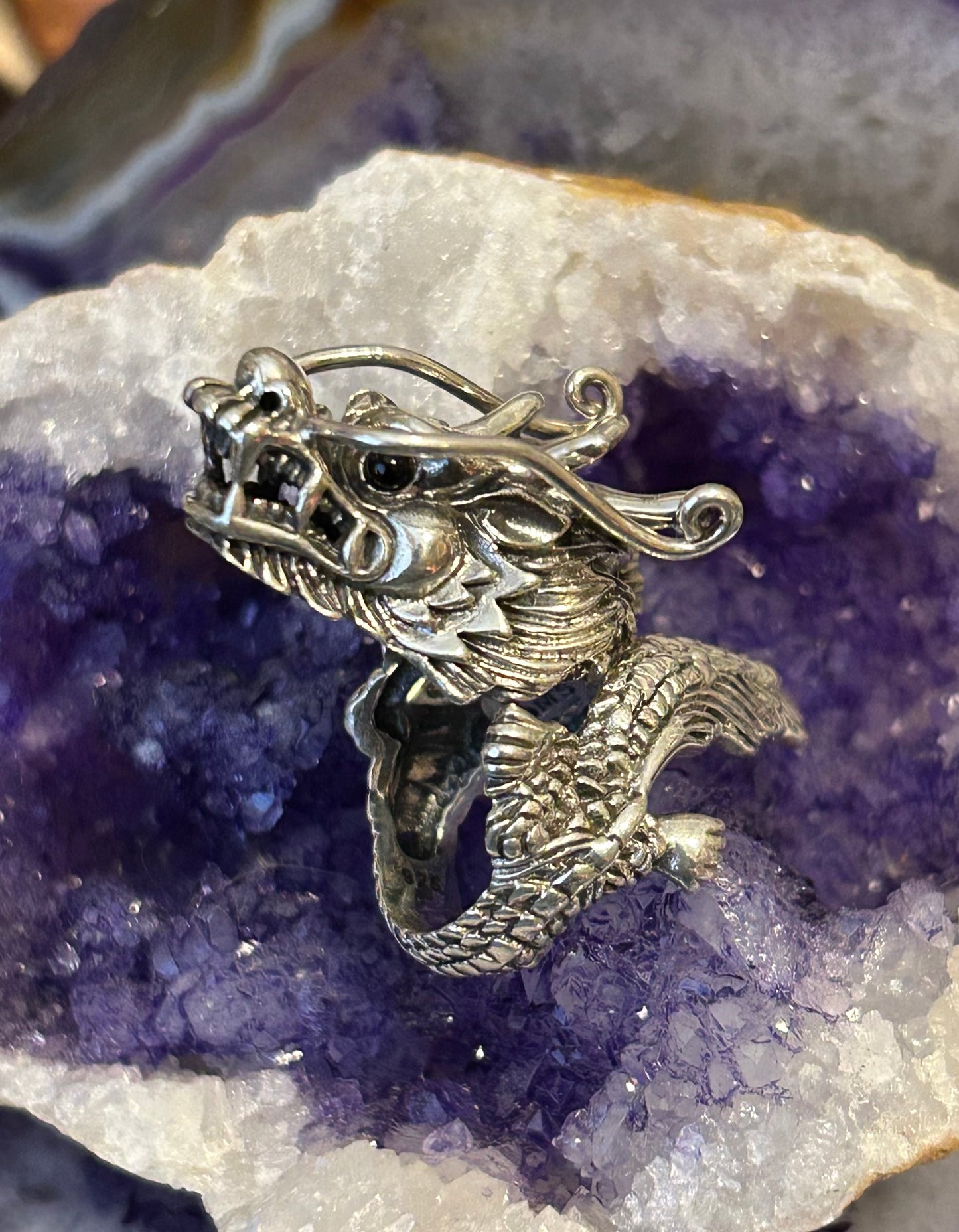 Sterling Silver Designer SOMS Statement Dragon Bypass Wrap Ring w/ Onyx Eyes