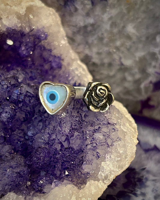 Sterling Silver Taxco Mexico All Seeing Eye Heart & Rose Bypass Ring Size 7-8.5
