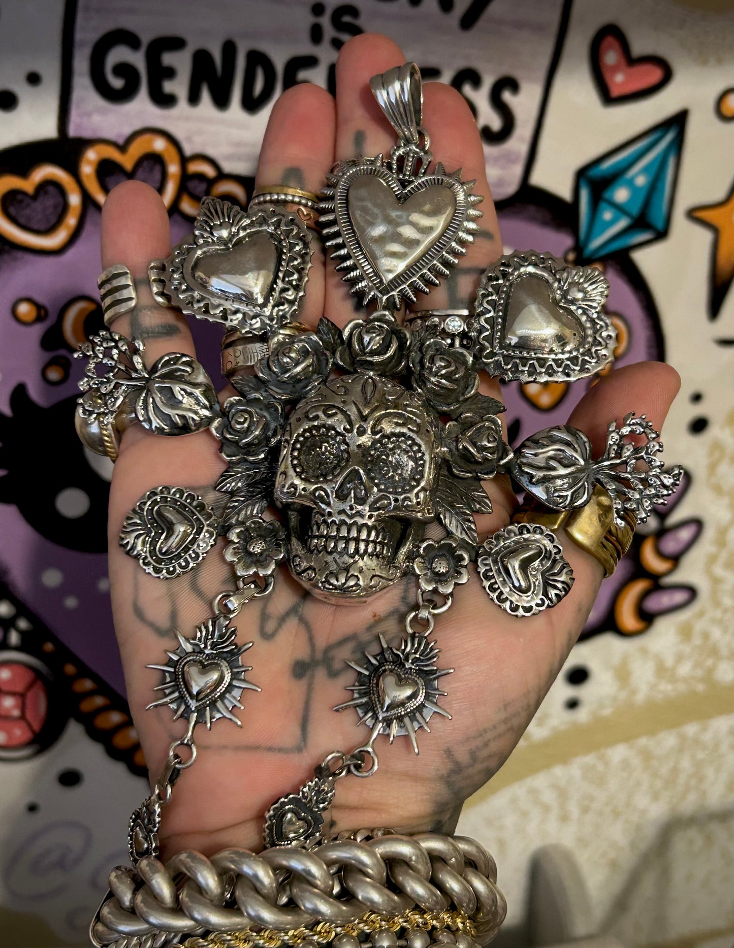 Sterling Silver Taxco Mexico HUGE Catrina Pendant