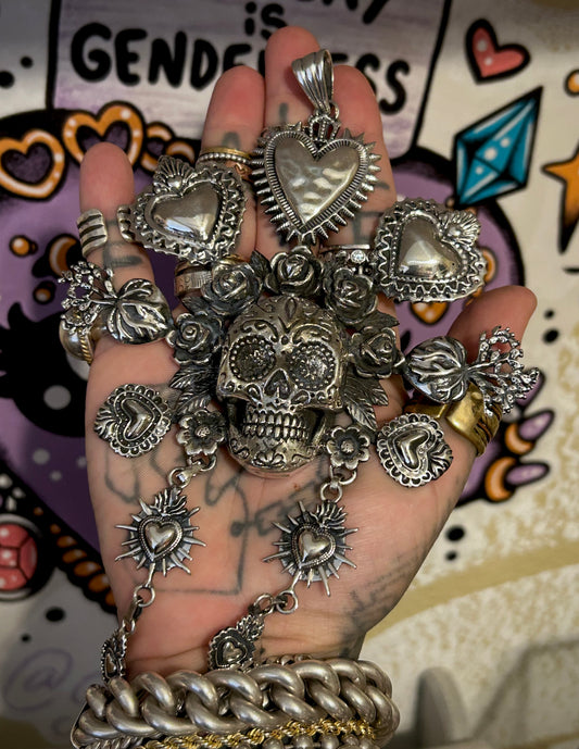 Sterling Silver Taxco Mexico HUGE Catrina Pendant