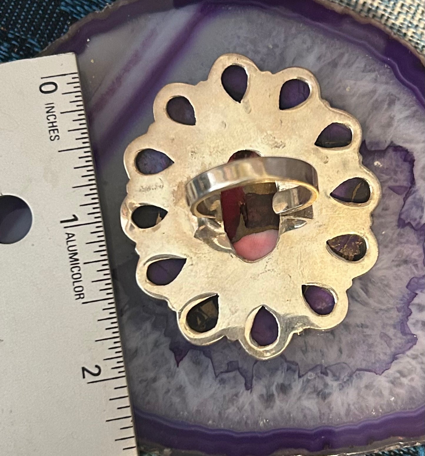 Sterling Silver Southwestern Large Rose Dahlia & Violet Dahlia Adjustable Ring