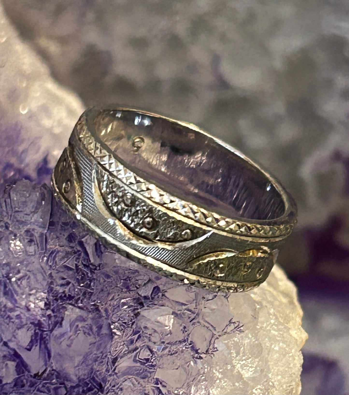 Vintage Sterling Silver Abstract Design Textured 2-tone Ring • Size 5