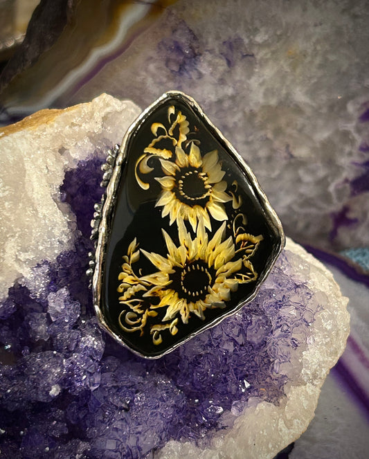 Sterling Silver Designer Carved Baltic Amber Sunflower Statement Ring Adjustable