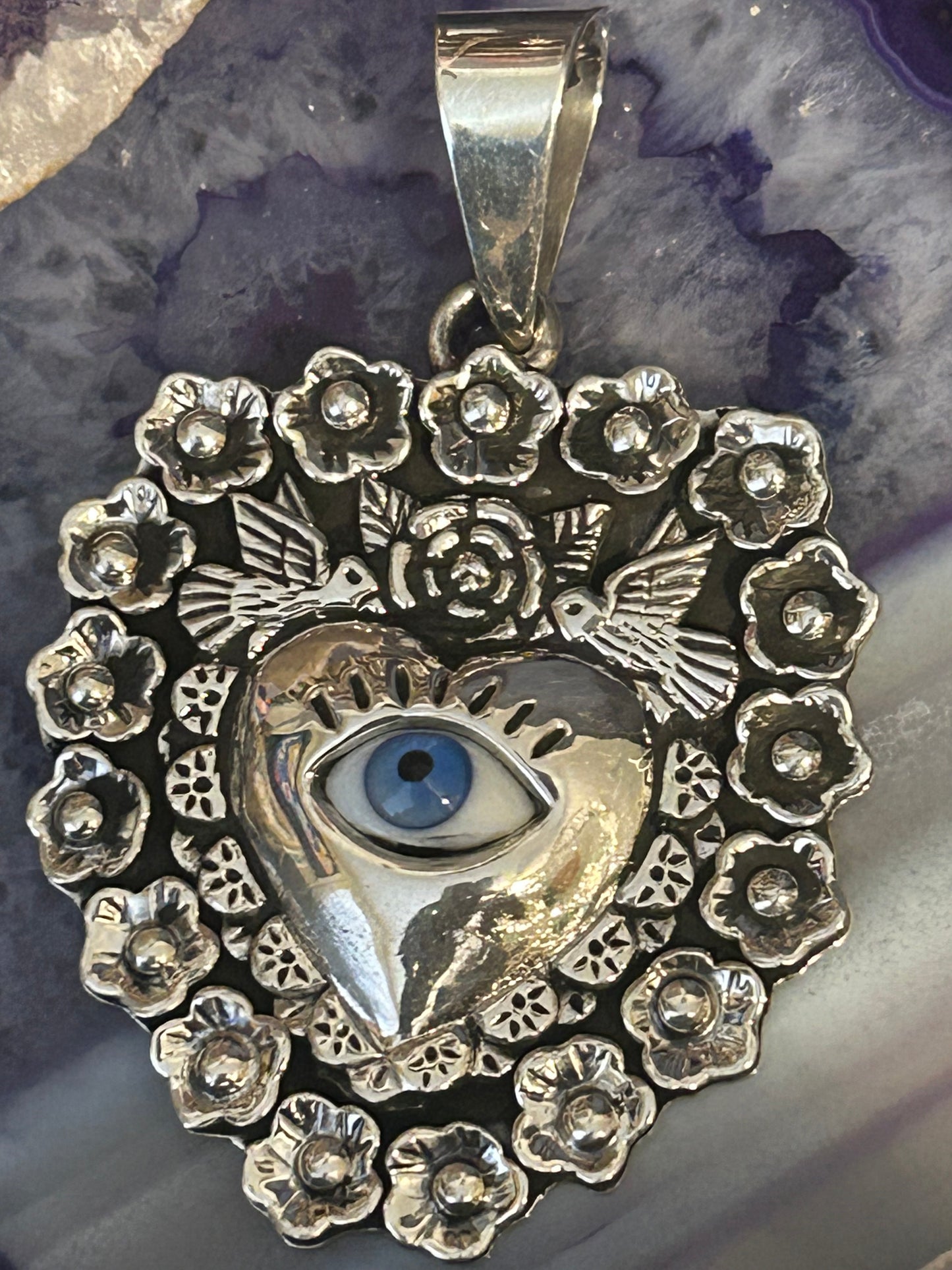Sterling Silver Taxco Mexico Seeing Eye Heart W/ Rose And Birds Large Pendant