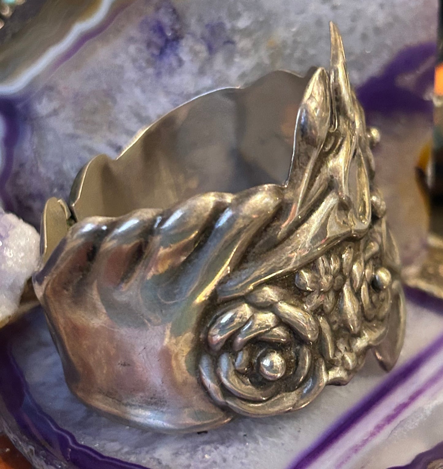 Vintage Taxco Mexico Sterling Silver bouquet of Hearts & Roses Repousse Clamper Bracelet