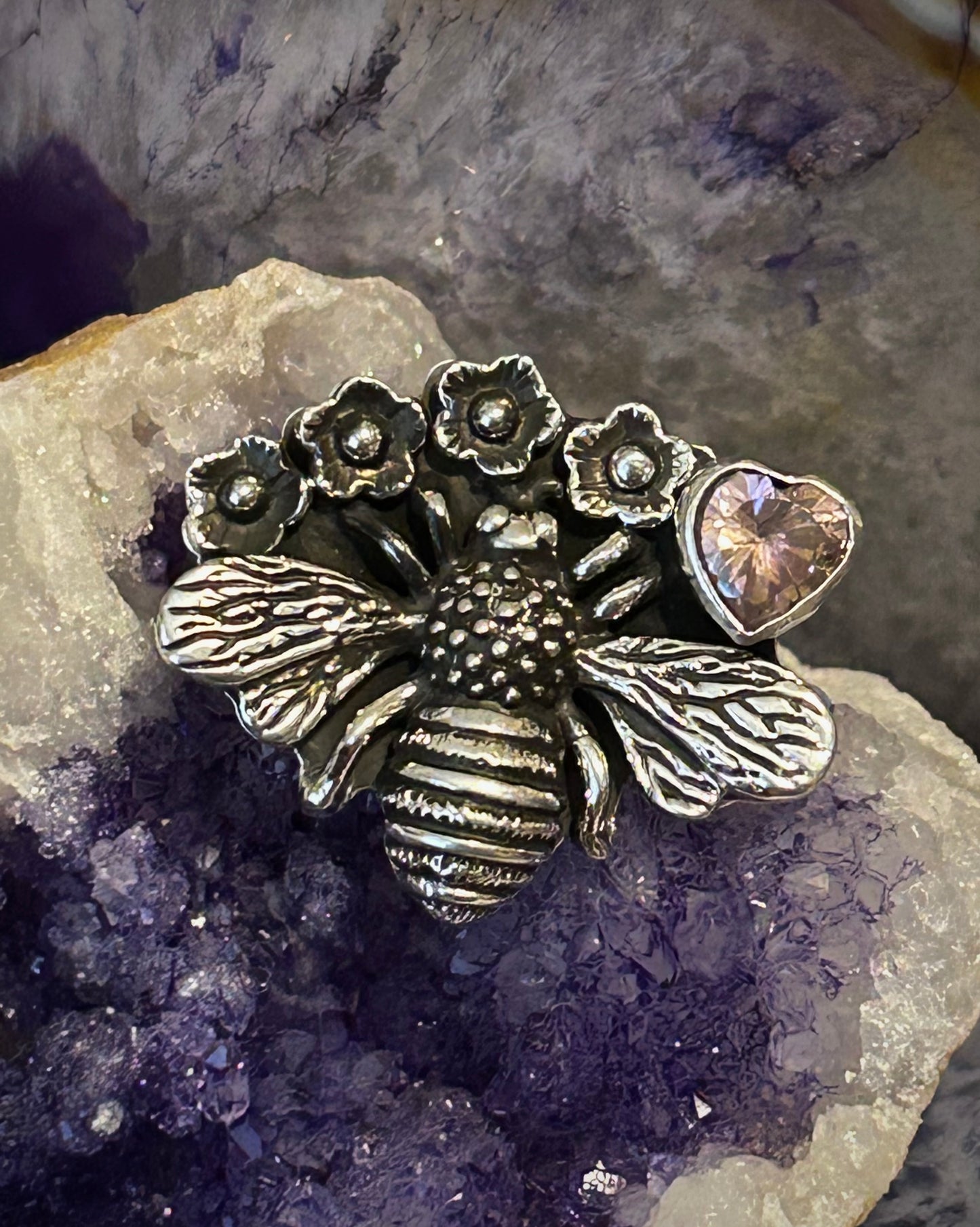 Sterling Silver Taxco Mexico Flower & Bee w/ Pink Zircon Heart Statement Ring