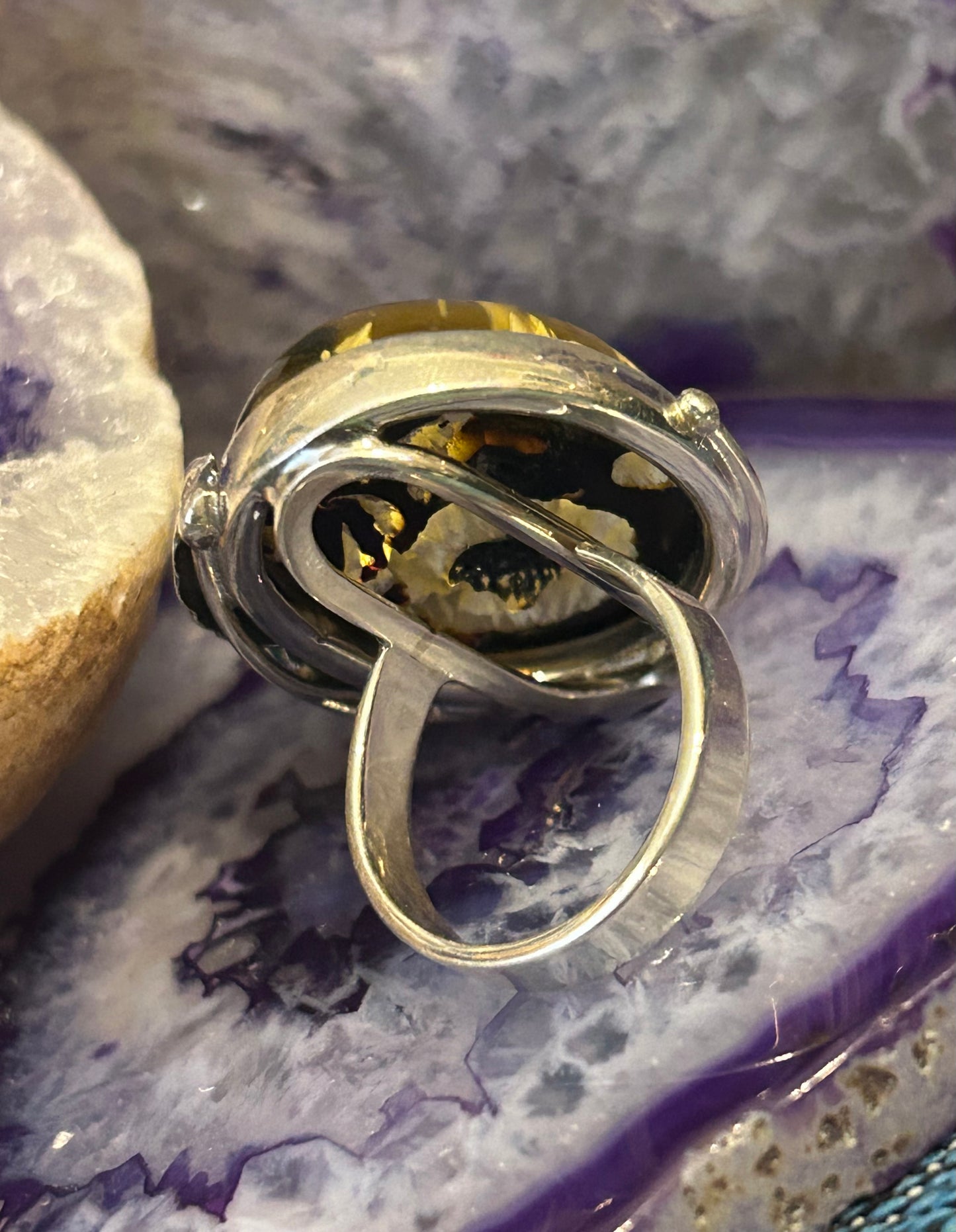 Sterling Silver Carved Flower Baltic Amber Ring w/ Turquoise Spider Adjustable