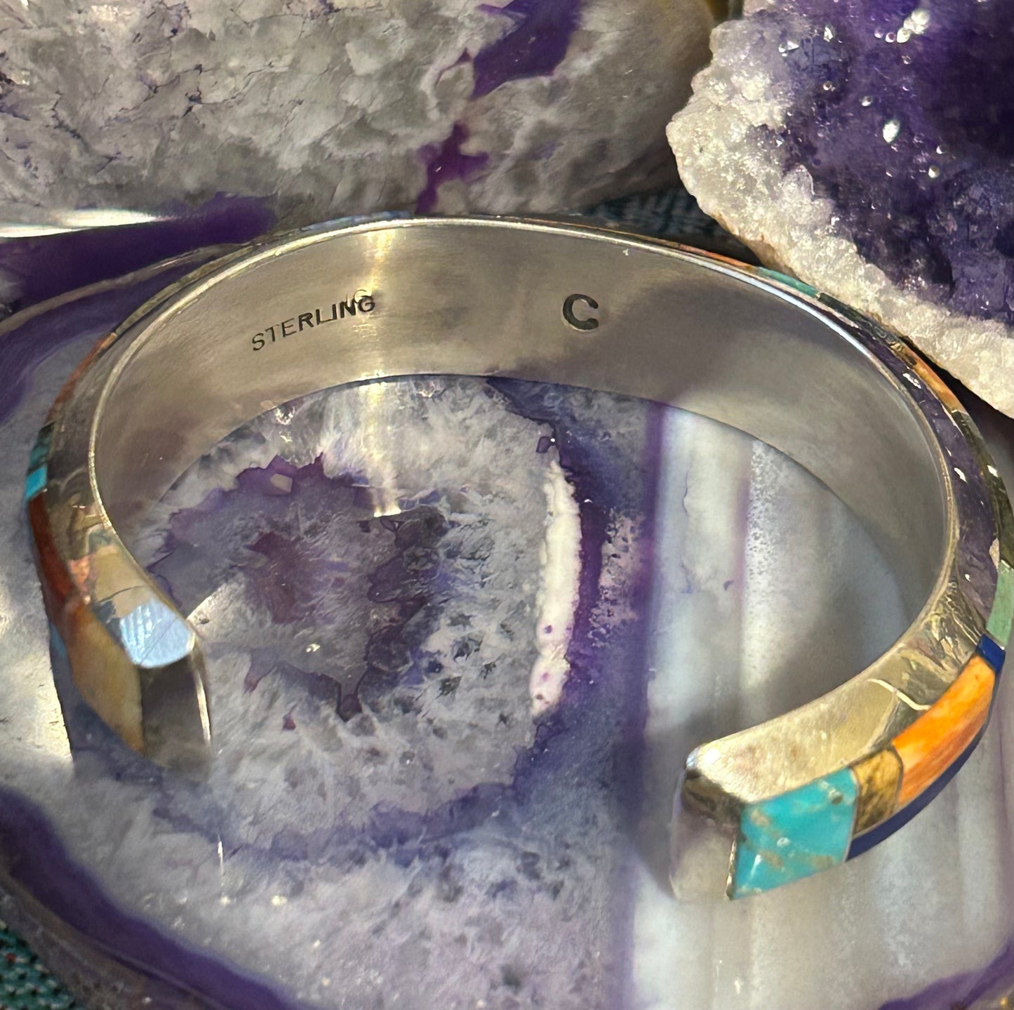 Native American Sterling Silver Multi Stone Inlay Cuff Bracelet Signed “C”