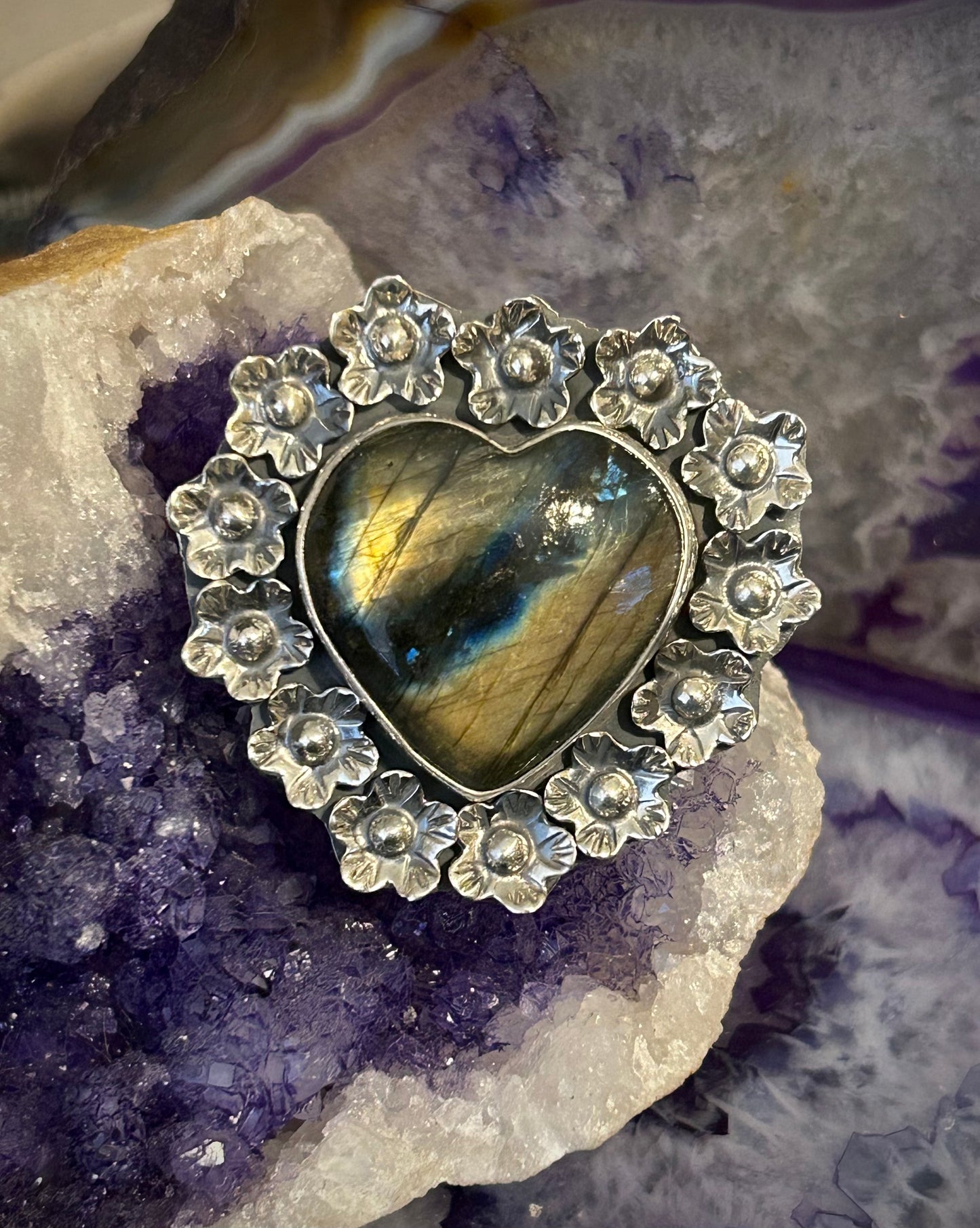 Sterling Silver Taxco Mexico Labradorite Stone Heart Ring w/ Flowers