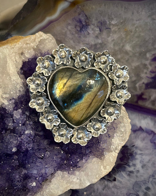 Sterling Silver Taxco Mexico Labradorite Stone Heart Ring w/ Flowers