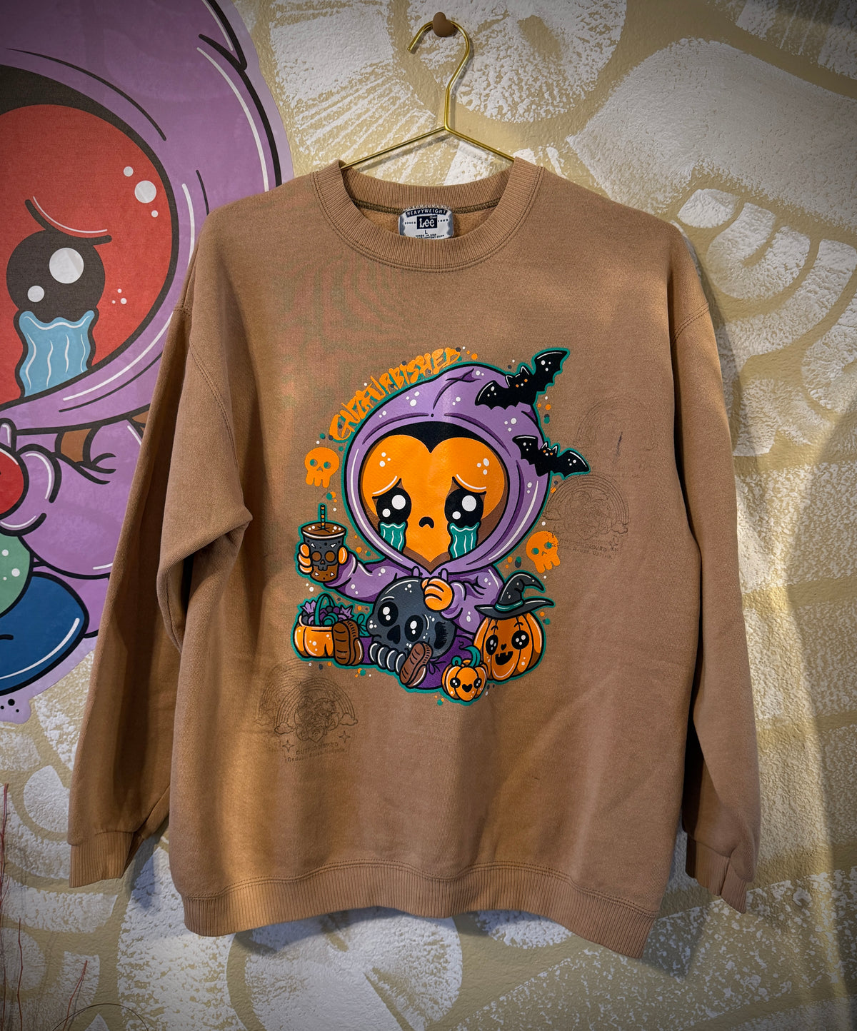 GuzFurbished SPOOKY SZN KID GRIMM Vtg Tan Crewneck Sweatshirt