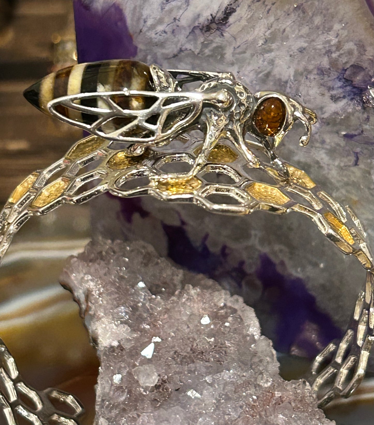 Sterling Silver & Genuine Amber Bee Honeycomb Cuff Bracelet