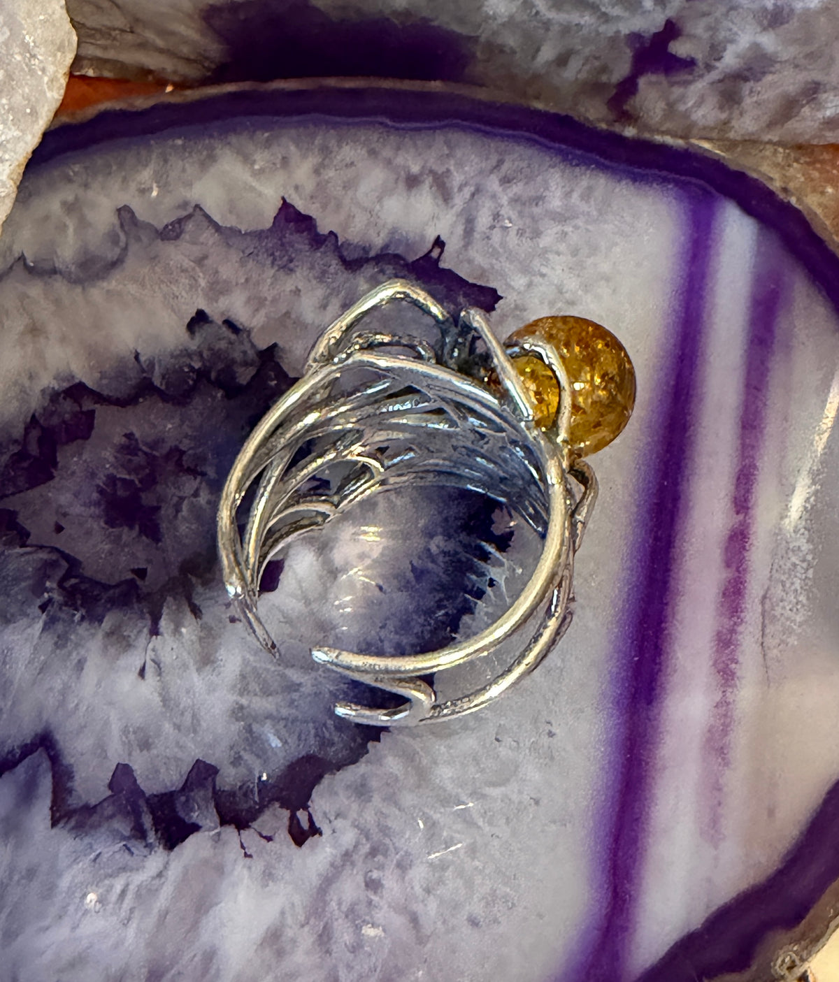 Sterling Silver & Natural Baltic Amber Spider Web Adjustable Ring