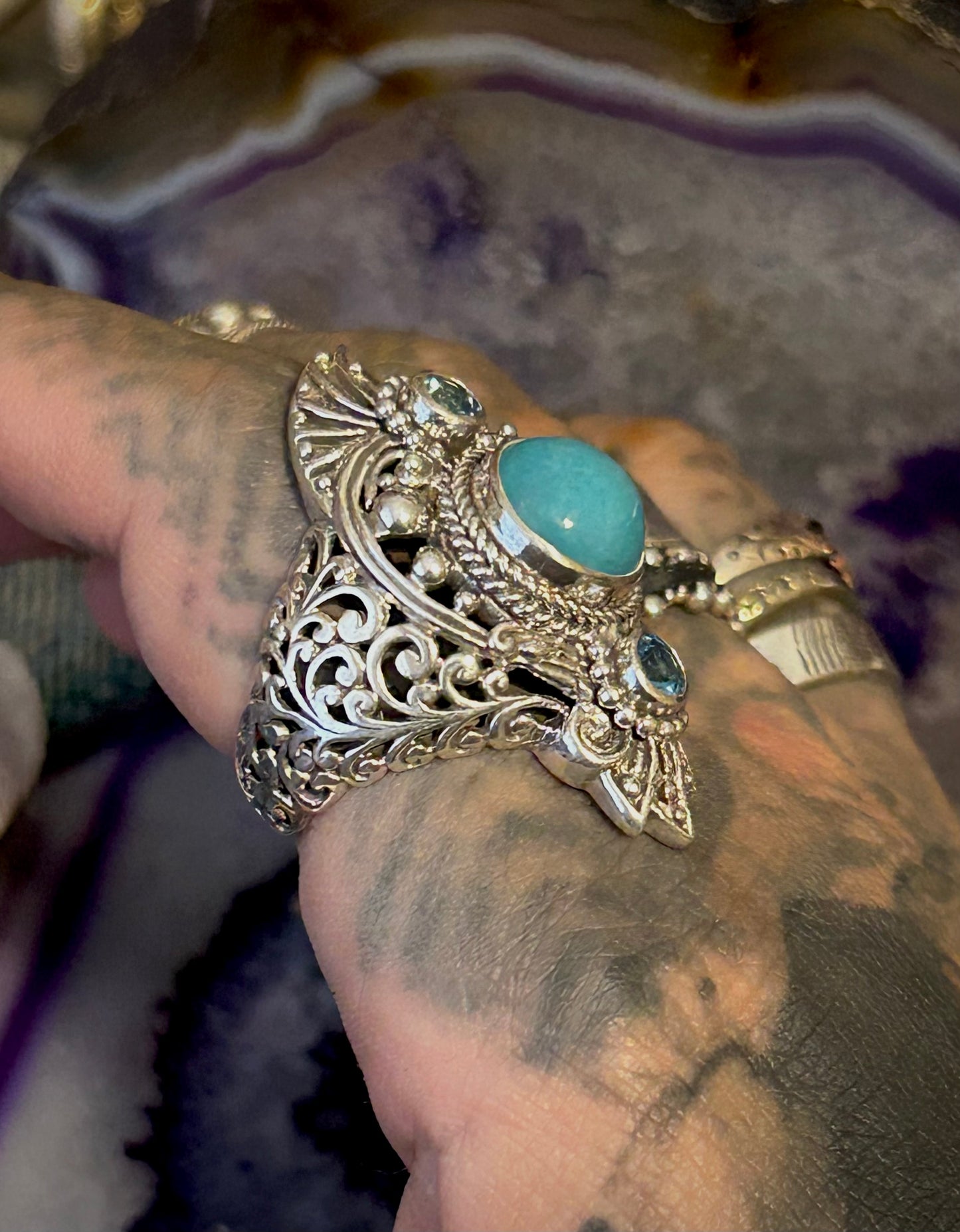Sterling Silver SARDA Larimar & Blue Topaz Ornamental Statement Ring Size 7