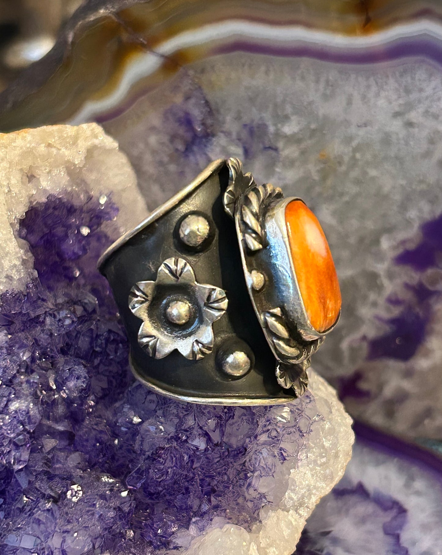 Sterling Silver Taxco Mexico Spiny Oyster & Flowers Wide Band Statement Sz 7-9