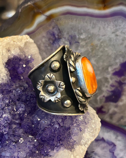 Sterling Silver Taxco Mexico Spiny Oyster & Flowers Wide Band Statement Sz 7-9