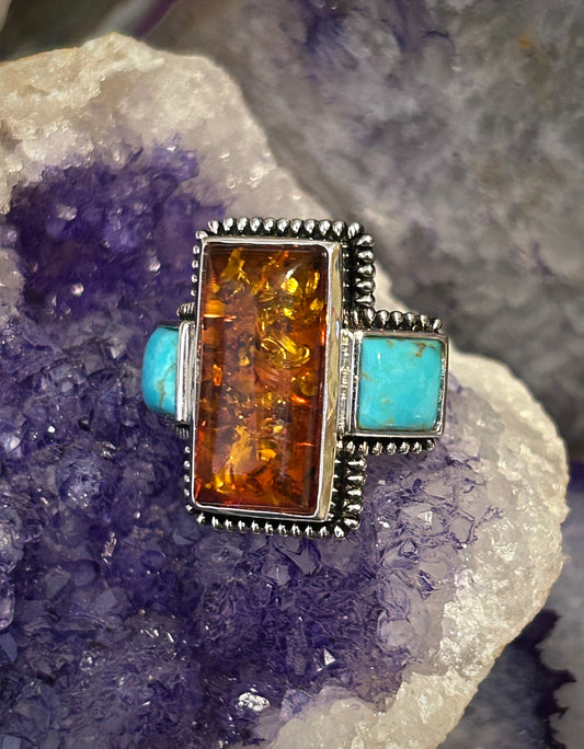 Sterling Silver Chunky Baltic Amber & Kingman Turquoise Ring Size 5