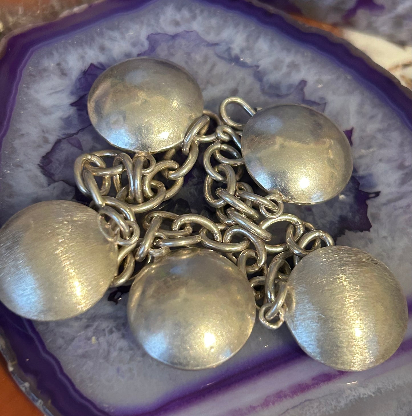 Vintage Sterling Silver Chunky Modernist Dangle Disc Link Bracelet