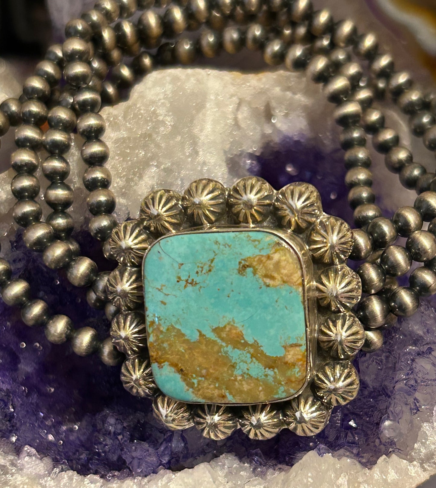 Sterling Silver Desert Pearl Ball Beads and Square Turquoise Four Band Stretch Bracelet