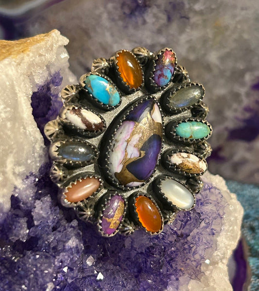 Sterling Silver Violet Dahlia Multi-stone Large Adjustable Ring