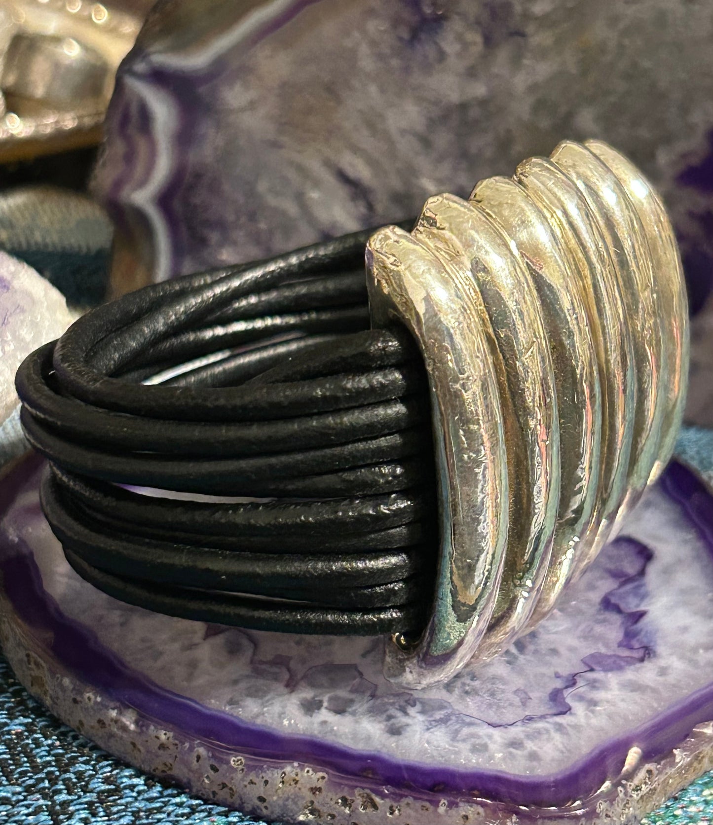Vintage Chunky Electroformed Sterling Silver & Leather Modernist Bracelet