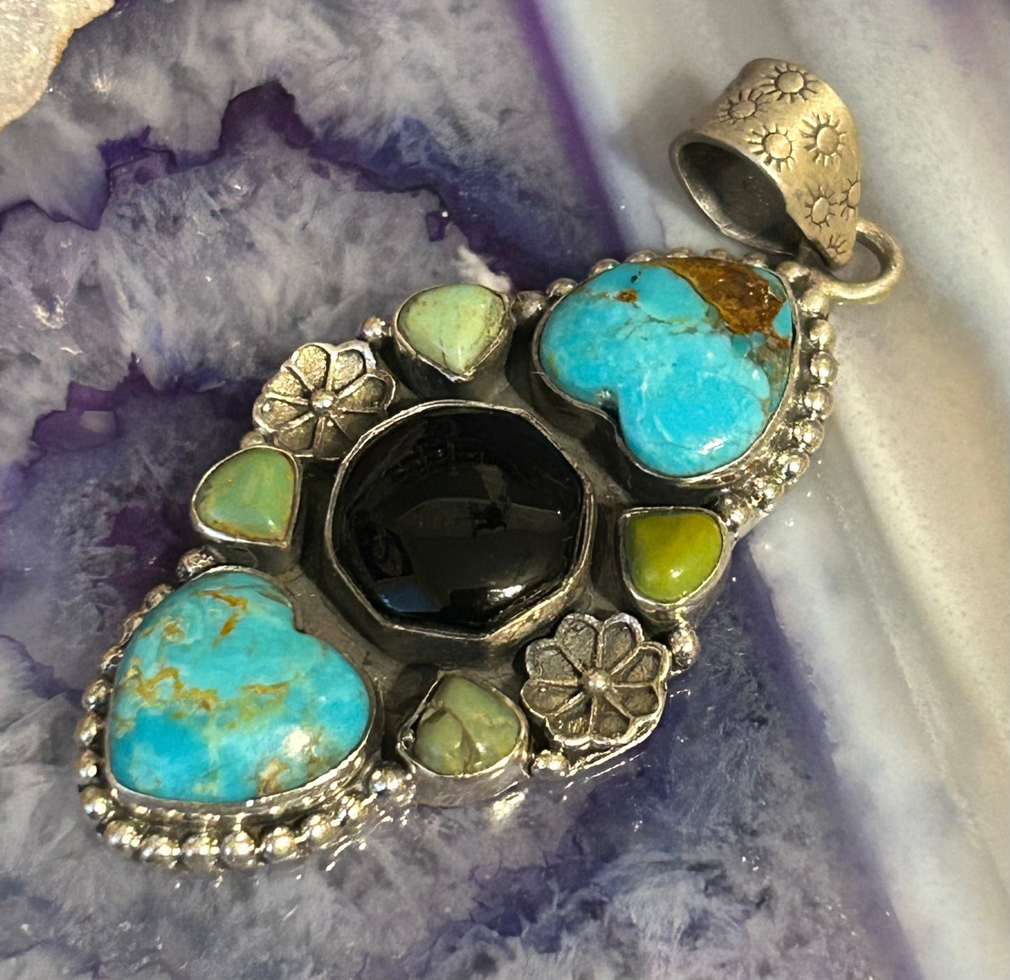 Sterling Silver, Turquoise & Onyx Heart & Hexagon Stone Pendant